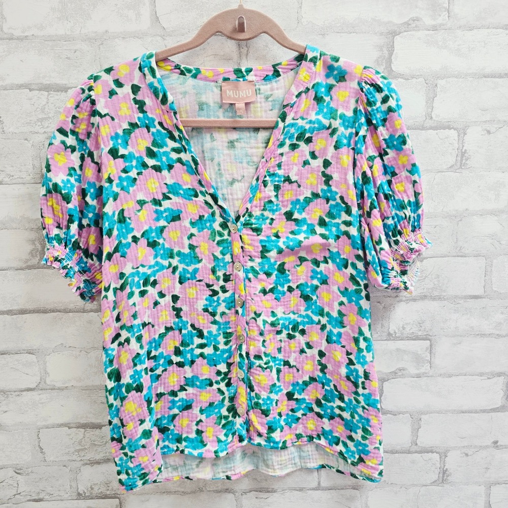 Show Me Your Mumu Floral Cotton Gauze Puff Sleeve Button Down Top Small